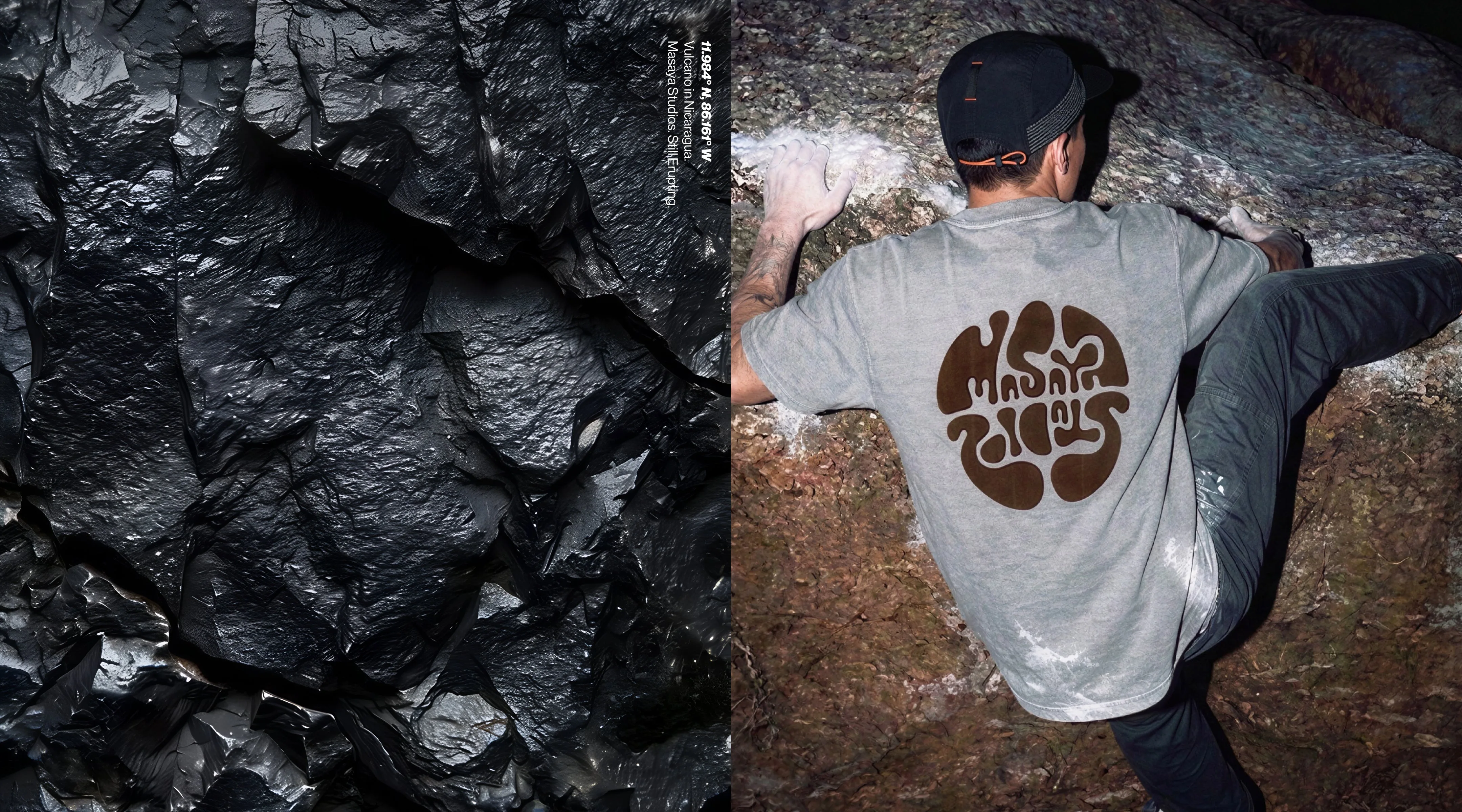Masaya Studios — Core Flocking Tee fotograferad på klippa